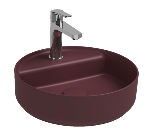foto del prodotto lavabo tondo da appoggio senza troppo pieno in ceramica con foro rubinetto bordeaux opaco