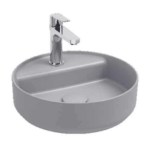foto del prodotto lavabo tondo da appoggio senza troppo pieno in ceramica con foro rubinetto grigio pietra opaco
