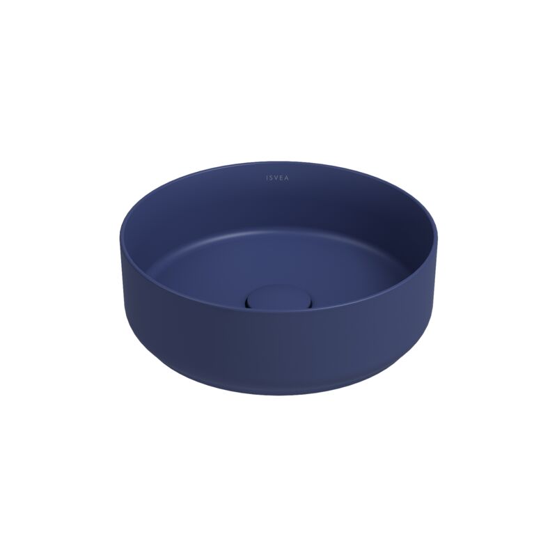 foto del prodotto lavabo tondo da appoggio senza troppo pieno in ceramica senza foro rubinetto blu opaco