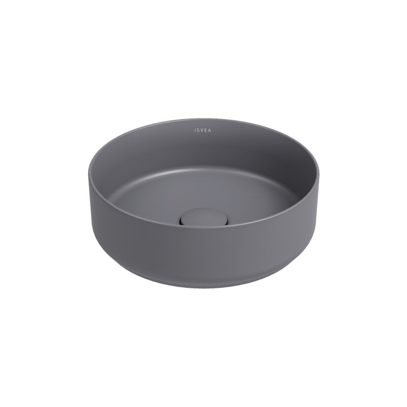 foto del prodotto lavabo tondo da appoggio senza troppo pieno in ceramica senza foro rubinetto grigio pietra opaco
