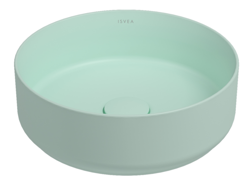 foto del prodotto lavabo tondo da appoggio senza troppo pieno in ceramica senza foro rubinetto menta opaco
