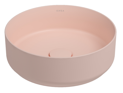 foto del prodotto lavabo tondo da appoggio senza troppo pieno in ceramica senza foro rubinetto salmone opaco