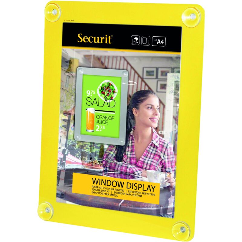 foto del prodotto lavagna con ventose per superfici in vetro per bar, ristoranti, pub, negozi formato a4 double face colore giallo securit