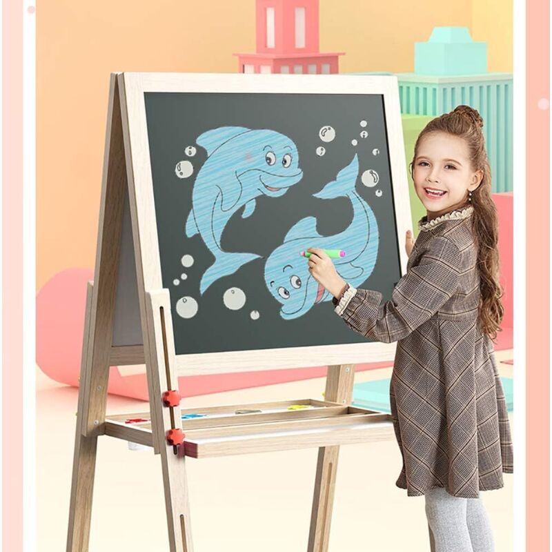 foto del prodotto lavagna per bambini bifacciale cavalletto per bambini in legno regolabile in altezza lavagna nera bianca con magneti a gesso 59 x 59 cm marrone