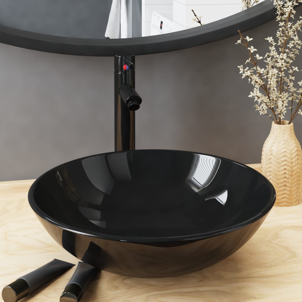 foto del prodotto lavandino bagno con rubinetto e piletta in vetro temperato nero cod mxl 45418