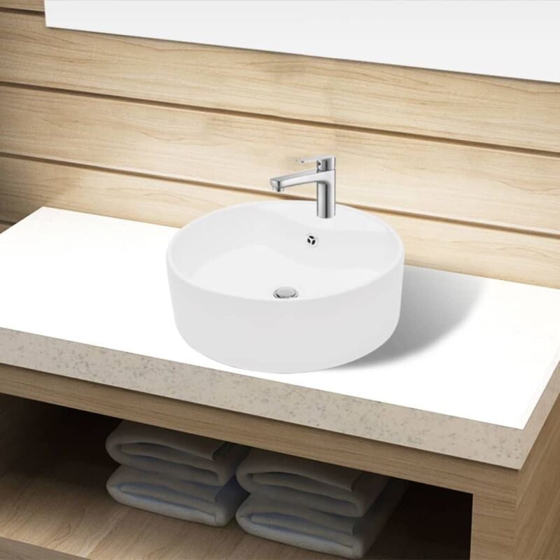 foto del prodotto lavandino bagno in ceramica bianca rotondo con foro di trabocco
