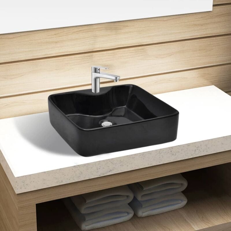 foto del prodotto lavandino bagno in ceramica nera quadrato con foro per rubinetto