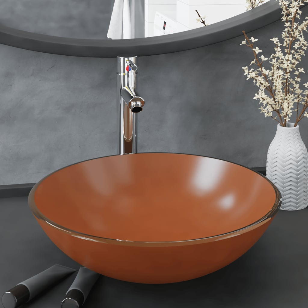 foto del prodotto lavandino con rubinetto e piletta in vetro temperato marrone cod mxl 45414