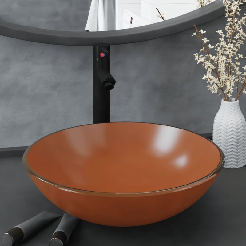 foto del prodotto lavandino con rubinetto e piletta in vetro temperato marrone cod mxl 45419