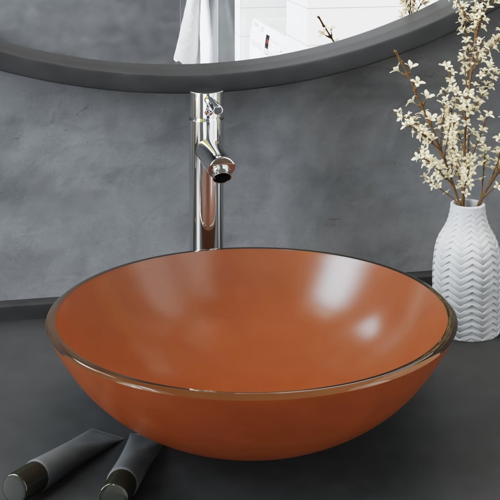 foto del prodotto lavandino con rubinetto e piletta in vetro temperato marrone cod mxl 54136