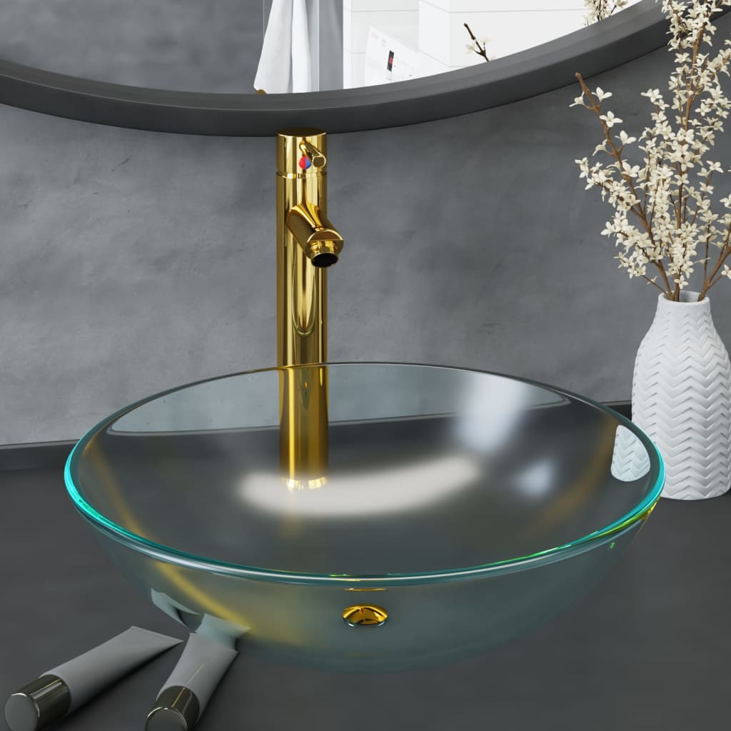 foto del prodotto lavandino con rubinetto e piletta in vetro temperato satinato cod mxl 38737
