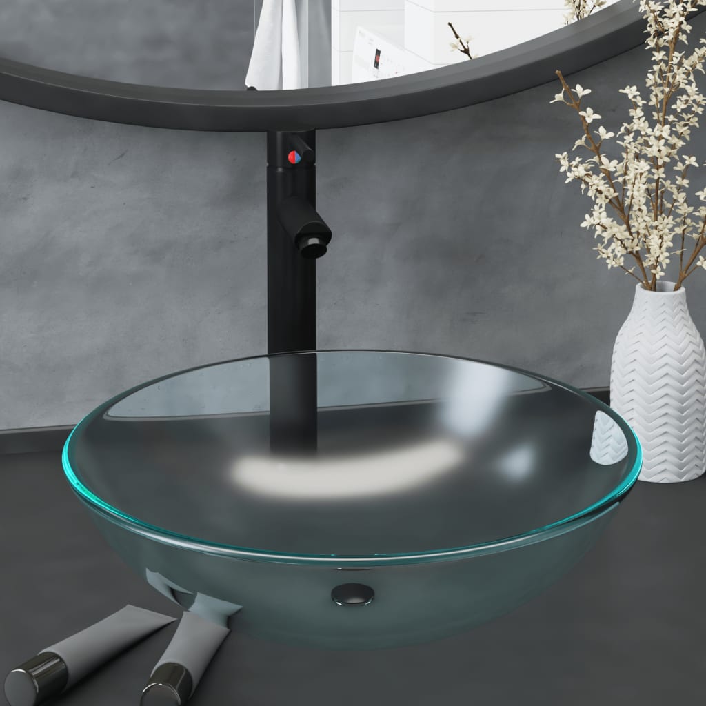foto del prodotto lavandino con rubinetto e piletta in vetro temperato satinato cod mxl 38924