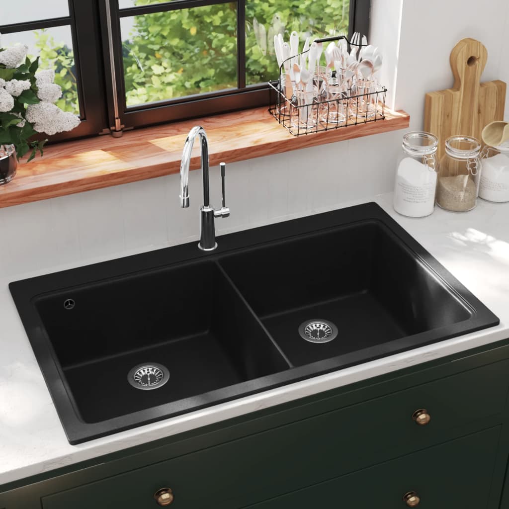 foto del prodotto lavandino cucina granito nero doppio con montaggio sopra cod mxl 45197