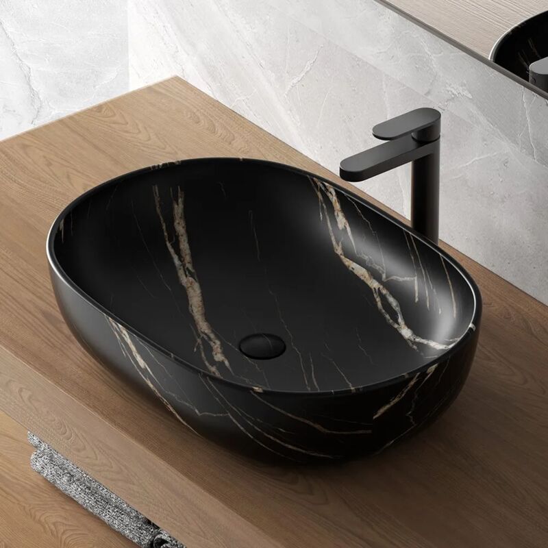 foto del prodotto lavandino da appoggio ovale 60x41 cm effetto marmo nero tokyo