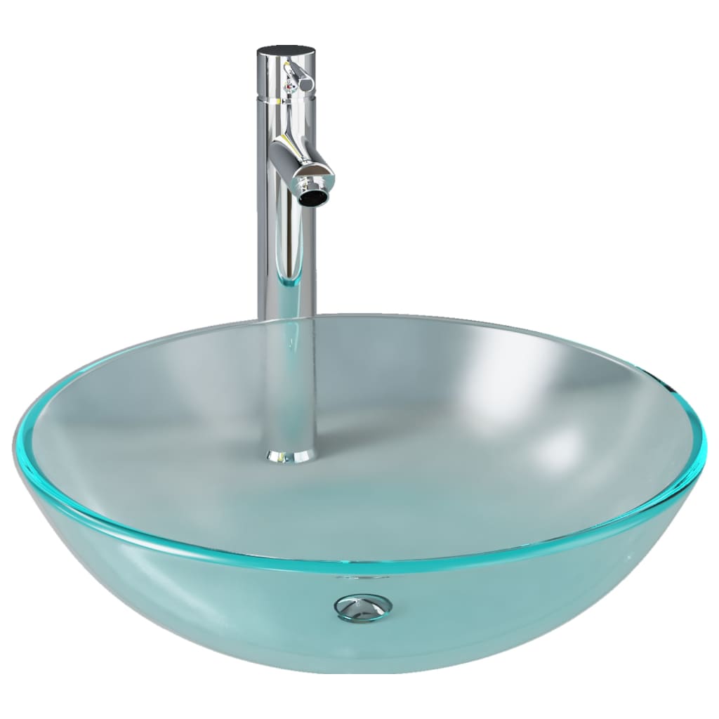 foto del prodotto lavandino da appoggio per bagno diametro 42 cm con rubinetto e scarico a pulsante in vetro temperato 02 0002849