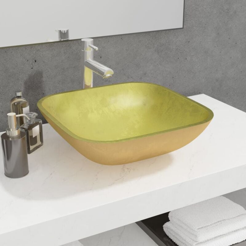 foto del prodotto lavandino in vetro temperato dalla forma quadrata 42x42x14 cm vari colori colore oro