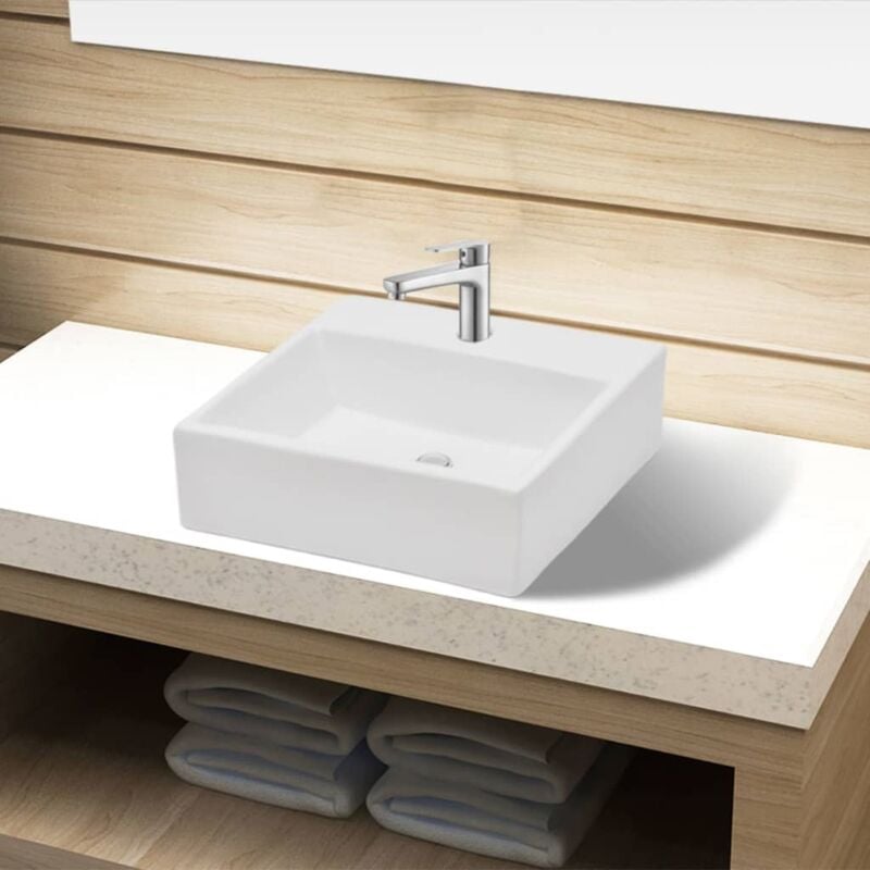 foto del prodotto lavandino lavabi da appoggio lavabo bagno in ceramica bianca quadrato con foro rubinetto
