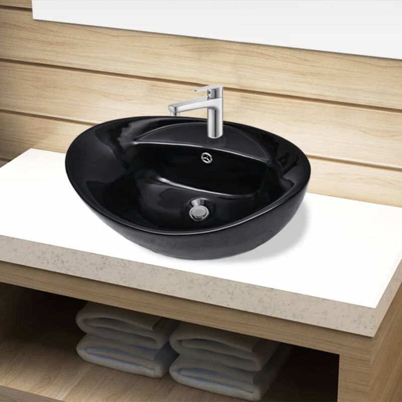 foto del prodotto lavandino per bagno in ceramica nera ovale con foro di trabocco
