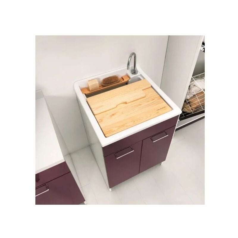 foto del prodotto lavatoio colavene swash 2 ante con contenitore e asse lavapanni 60x60x86 melanzana 24030m