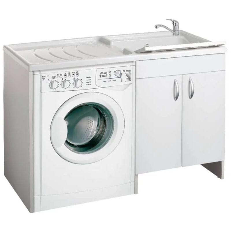 foto del prodotto lavatoio coprilavatrice a 2 ante in legno bianco 124x60 e vasca in plastica dx