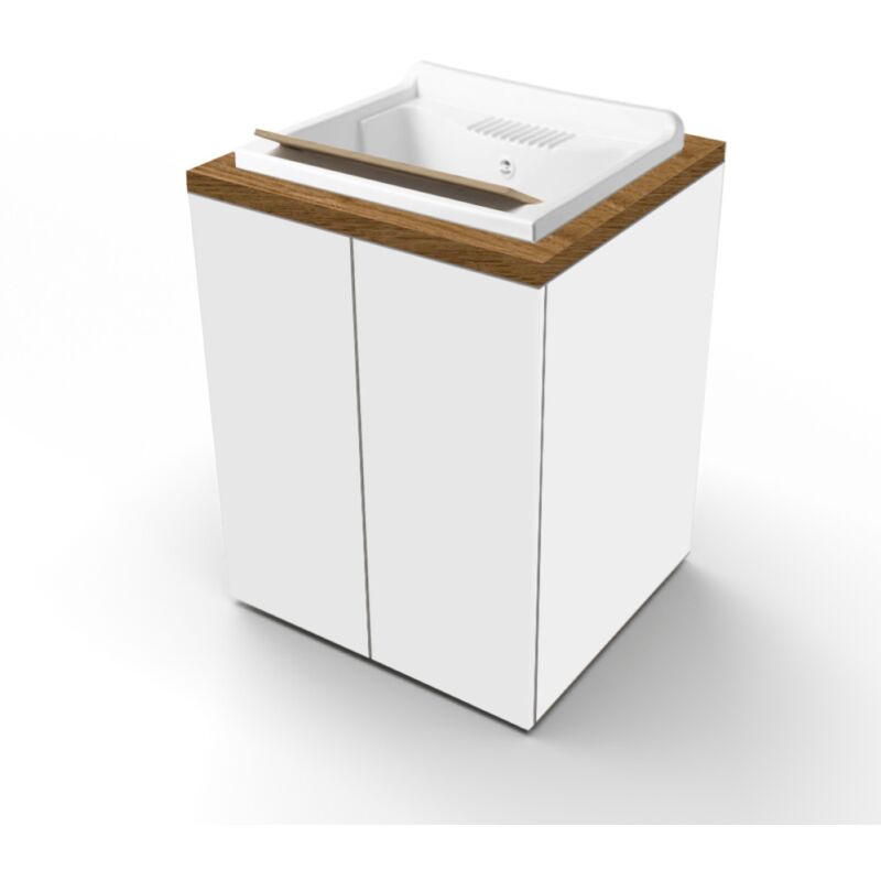 foto del prodotto lavatoio in legno bianco a 2 ante con top noce e vasca in resina 71x65 cm