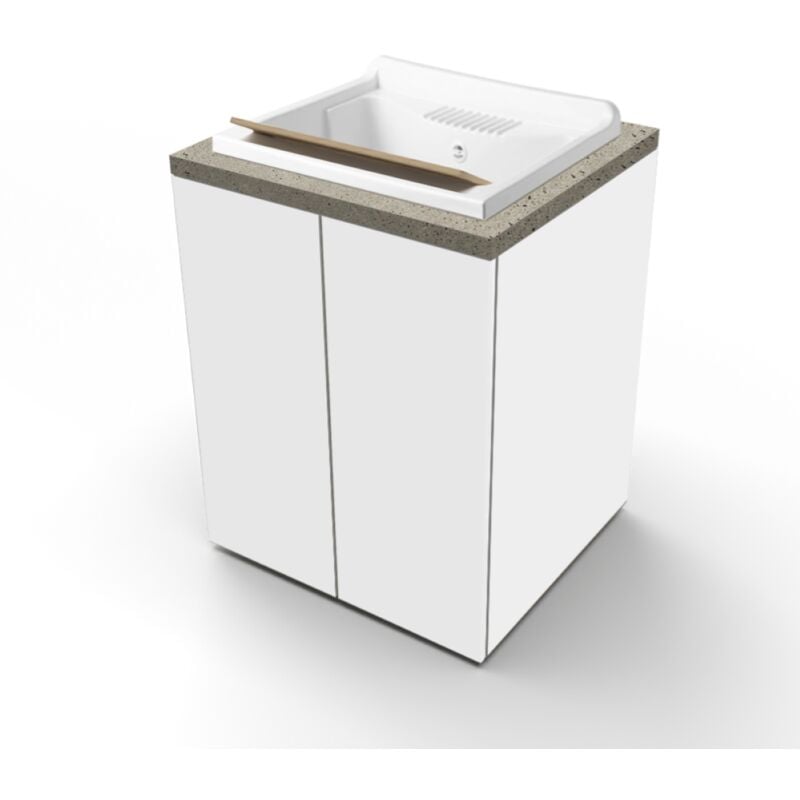 foto del prodotto lavatoio in legno bianco a 2 ante con top pietra e vasca in resina 71x65 cm