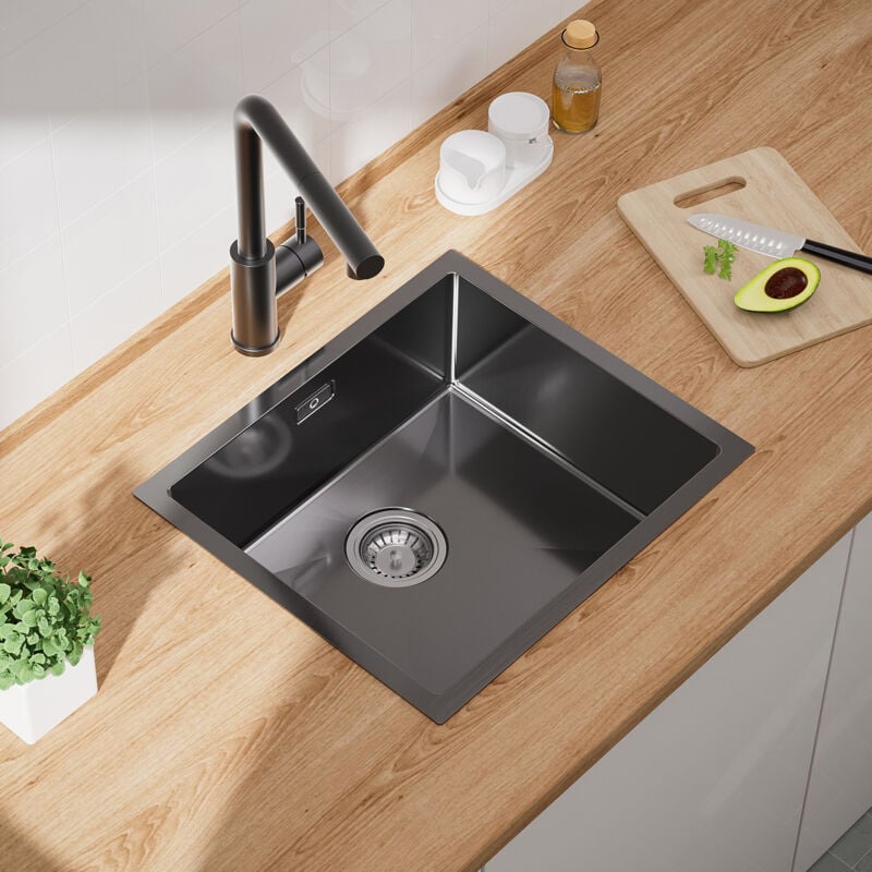 foto del prodotto lavelli da cucina lavelli da cucina in acciaio inossidabile a vasca singola, lavelli sottotop, 50 44 cm, nero antracite cecipa