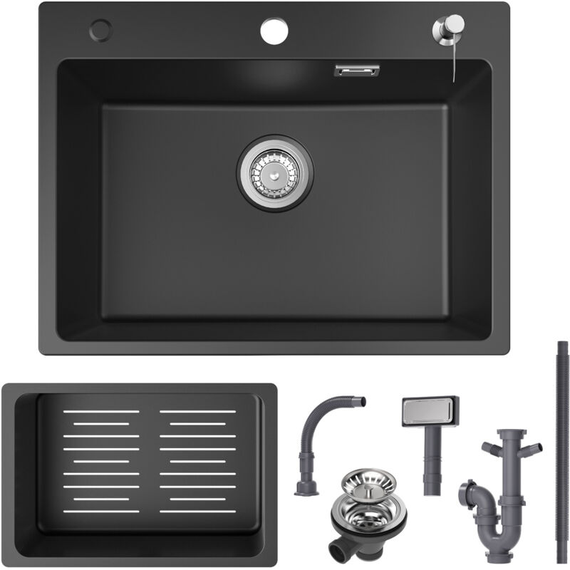 foto del prodotto lavello 1 vasca 60x45 cm con cestello di scarico e dispenser per sapone lavello in quarzo e resina lavello cucina nero cecipa