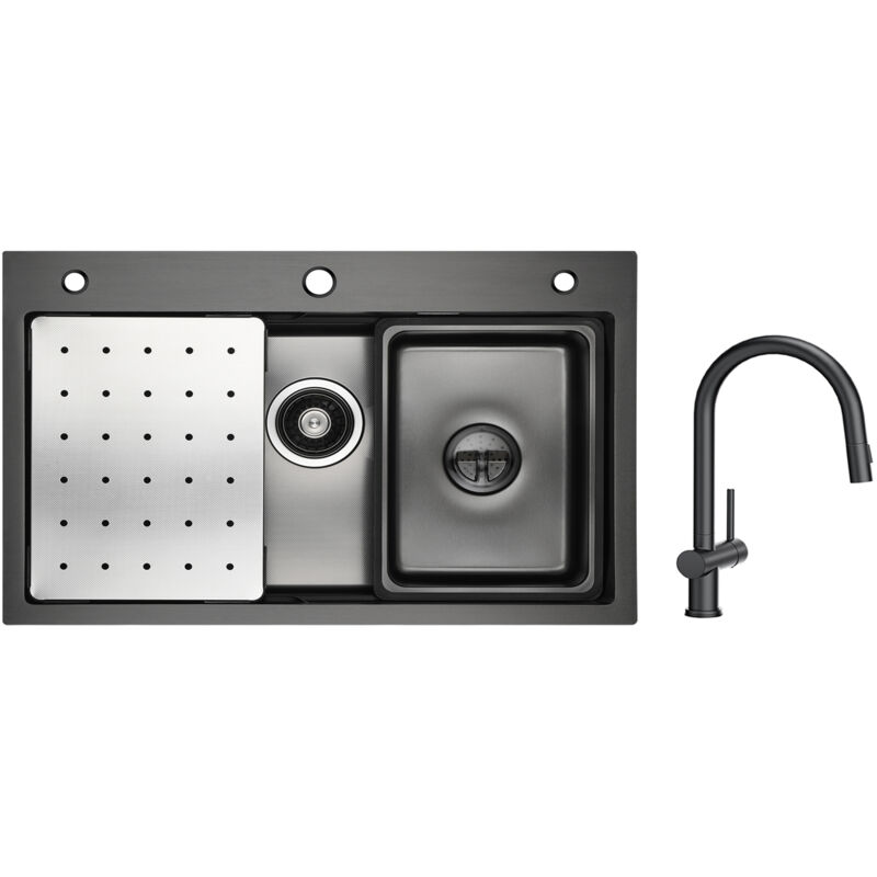 foto del prodotto lavello 1 vasca nero 70 45 cm con gocciolatoio, vaschetta e dosatore sapone miscelatore cucina con doccia estraibile con 2 tipi di getti