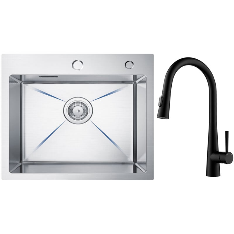 foto del prodotto lavello acciaio inox lavello 1 vasca 50 45 cm lavello cucina spazzolato miscelatore cucina con doccetta estraibile, 3 modalit di uscita acqua, nero