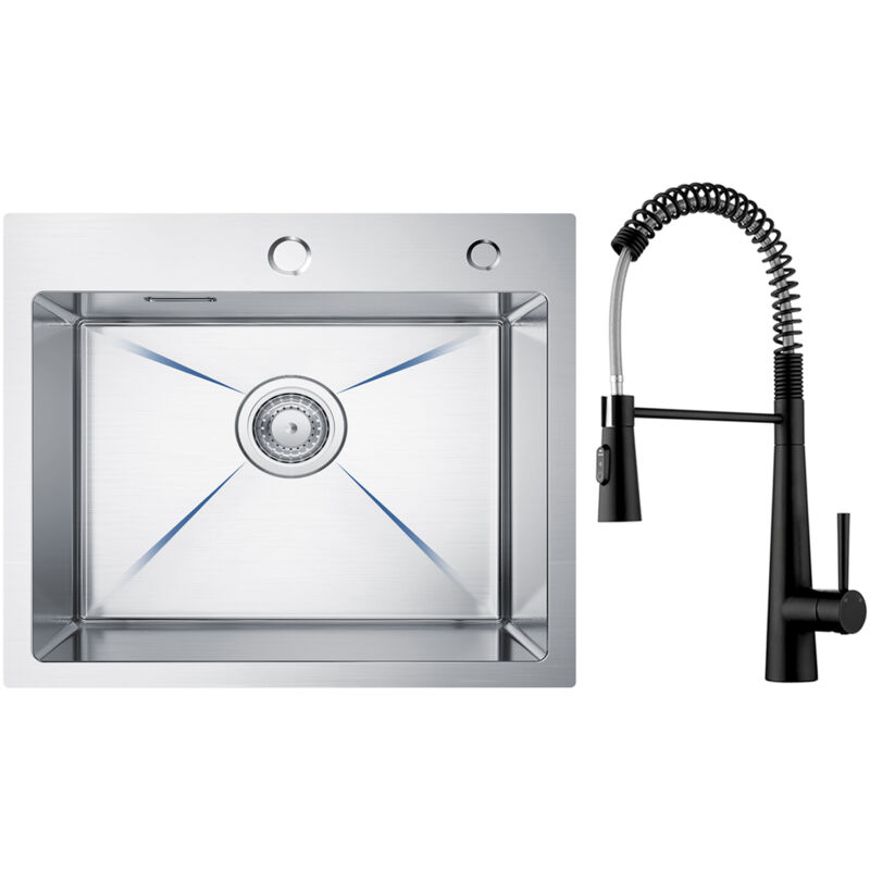 foto del prodotto lavello acciaio inox lavello 1 vasca 50 45 cm lavello cucina spazzolato miscelatore da cucina a molla con 3 tipi di spruzzo, nero