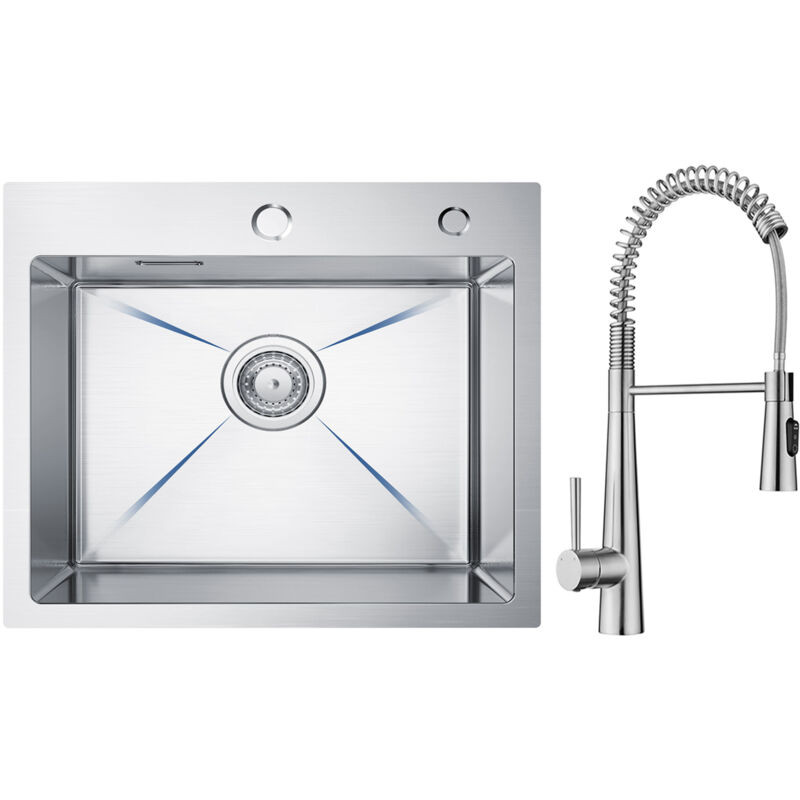 foto del prodotto lavello acciaio inox lavello 1 vasca 50 45 cm lavello cucina spazzolato miscelatore da cucina a molla con 3 tipi di spruzzo, spazzolato
