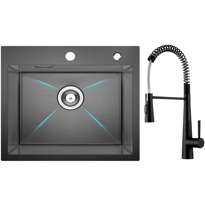foto del prodotto lavello acciaio inox nero lavello 1 vasca 50 45 cm lavello cucina miscelatore da cucina a molla con 3 tipi di spruzzo, nero