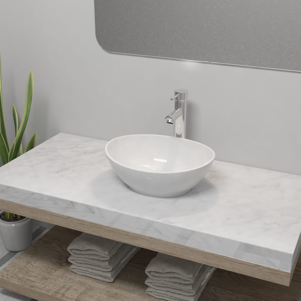 foto del prodotto lavello bagno con miscelatore in ceramica ovale bianco