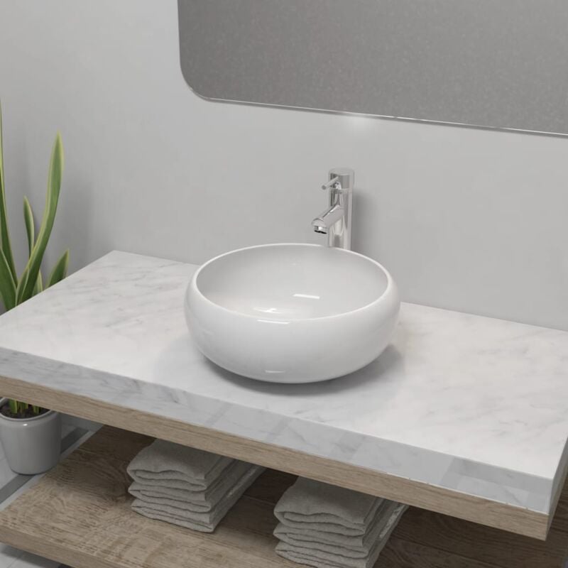 foto del prodotto lavello bagno con miscelatore in ceramica rotondo bianco vidaxl
