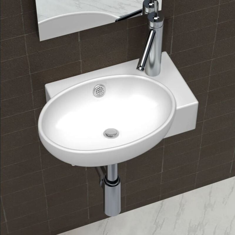 foto del prodotto lavello ceramica con foro rubinetto e troppo pieno bianco vidaxl