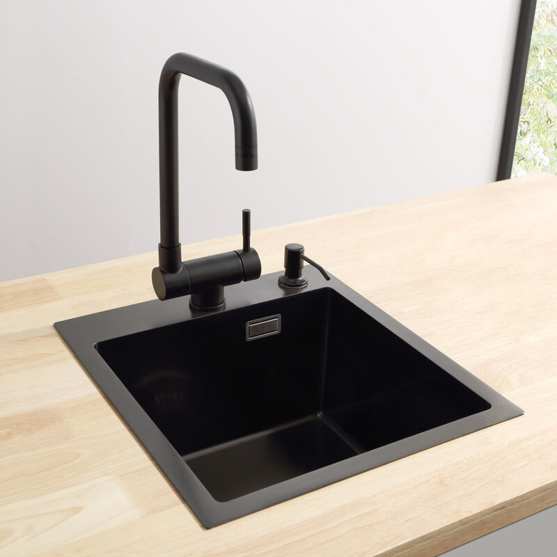 foto del prodotto lavello cucina 1 vasca 40 45 cm antracite, lavandino cucina almeno 40 cm dal fondo dell armadio, raccordi di scarico e troppopieno dispenser di