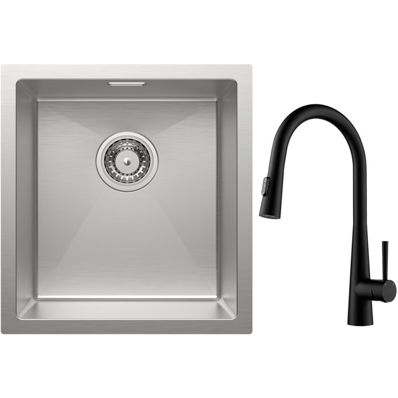 foto del prodotto lavello cucina 1 vasca 40x44cm lavello acciaio inox spazzolato miscelatore cucina con doccetta estraibile, con 3 modalit di uscita acqua, nero