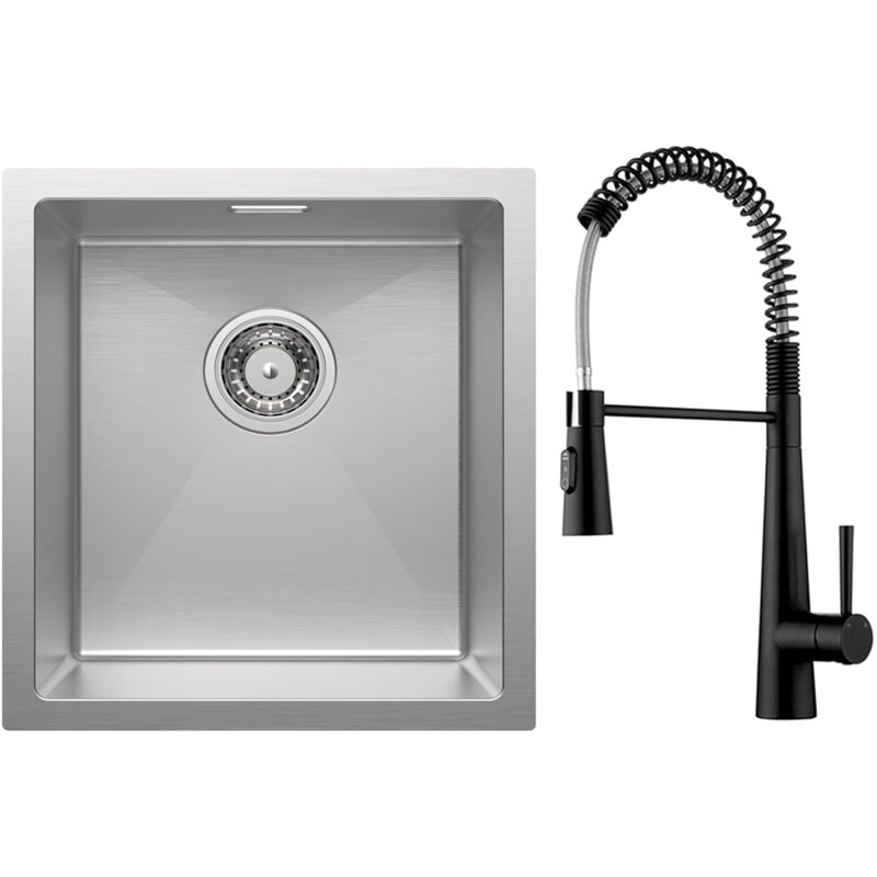 foto del prodotto lavello cucina 1 vasca 40x44cm lavello acciaio inox spazzolato miscelatore da cucina a molla con 3 tipi di spruzzo, nero