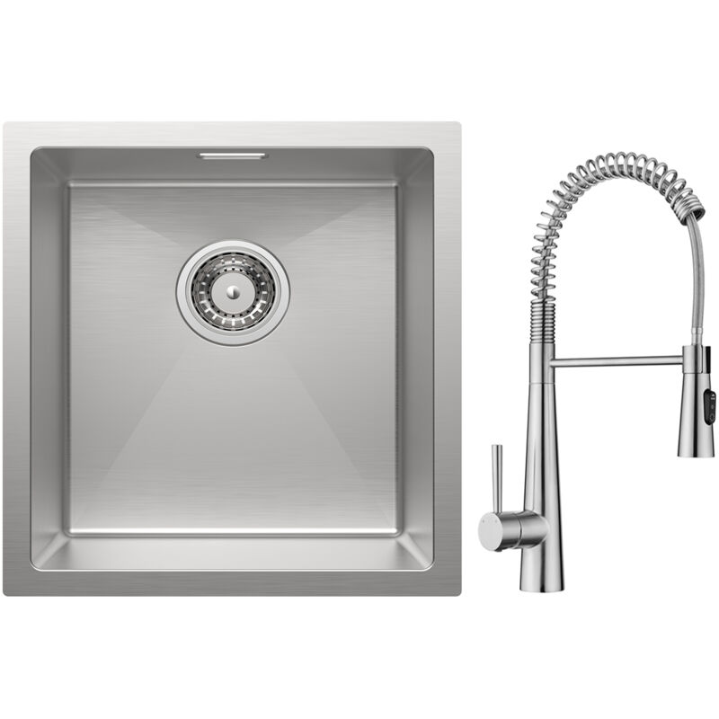 foto del prodotto lavello cucina 1 vasca 40x44cm lavello acciaio inox spazzolato miscelatore da cucina a molla con 3 tipi di spruzzo, spazzolato