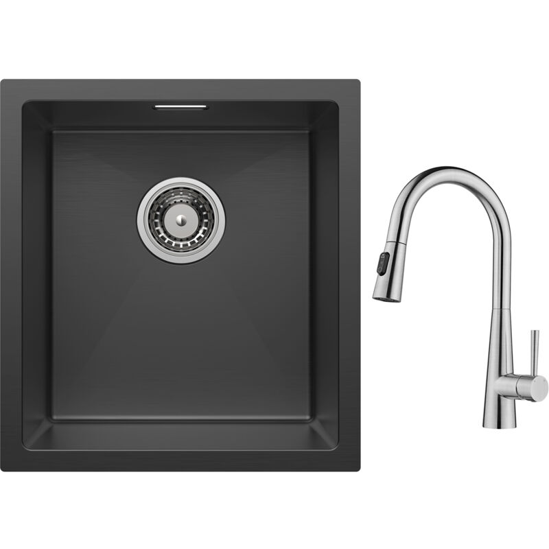 foto del prodotto lavello cucina 1 vasca 40x44cm nero lavello acciaio inox miscelatore cucina con doccetta estraibile, 3 modalit uscita acqua, spazzolato