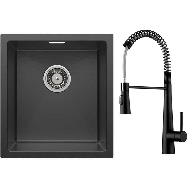 foto del prodotto lavello cucina 1 vasca 40x44cm nero lavello acciaio inox miscelatore da cucina a molla con 3 tipi di spruzzo, nero