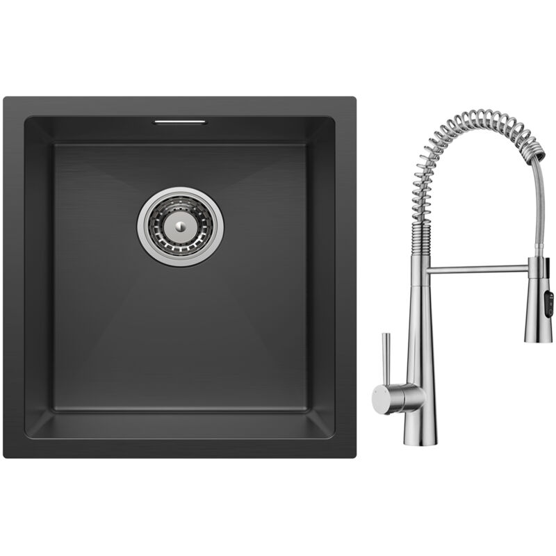 foto del prodotto lavello cucina 1 vasca 40x44cm nero lavello acciaio inox miscelatore da cucina a molla con 3 tipi di spruzzo, spazzolato