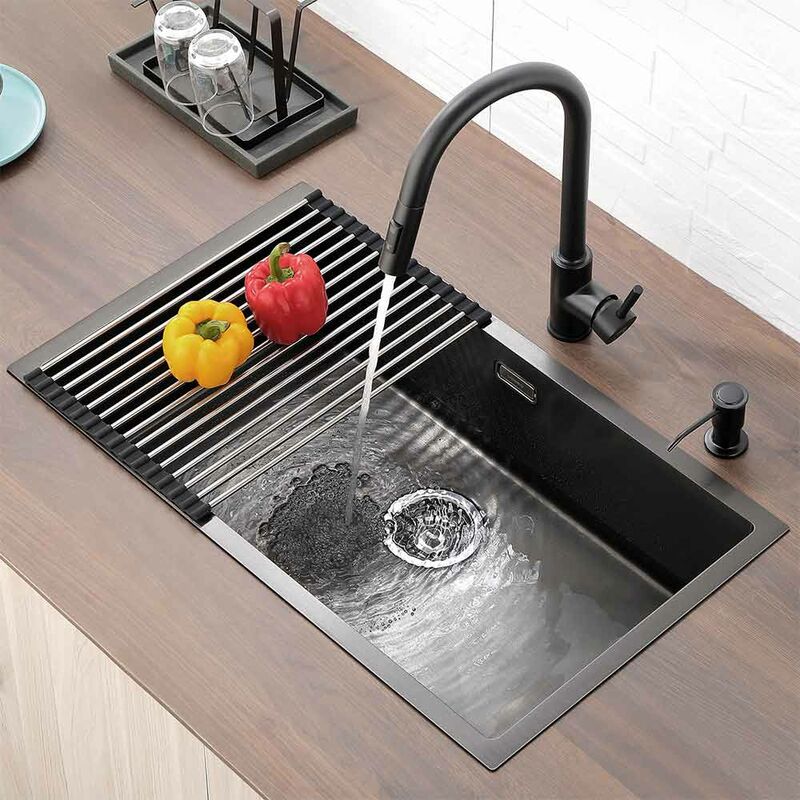 foto del prodotto lavello cucina 1 vasca 74x44cm lavello incasso in acciaio inox lavandino cucina con troppopieno e sifone, grigio scuro lonheo