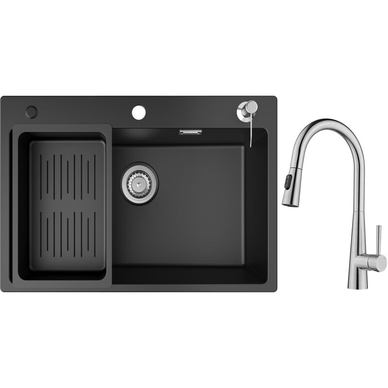 foto del prodotto lavello cucina 1 vasca in quarzo e resina 70x45cm con piletta e dosatore sapone miscelatore cucina con doccia estraibile, 3 modalit di scarico