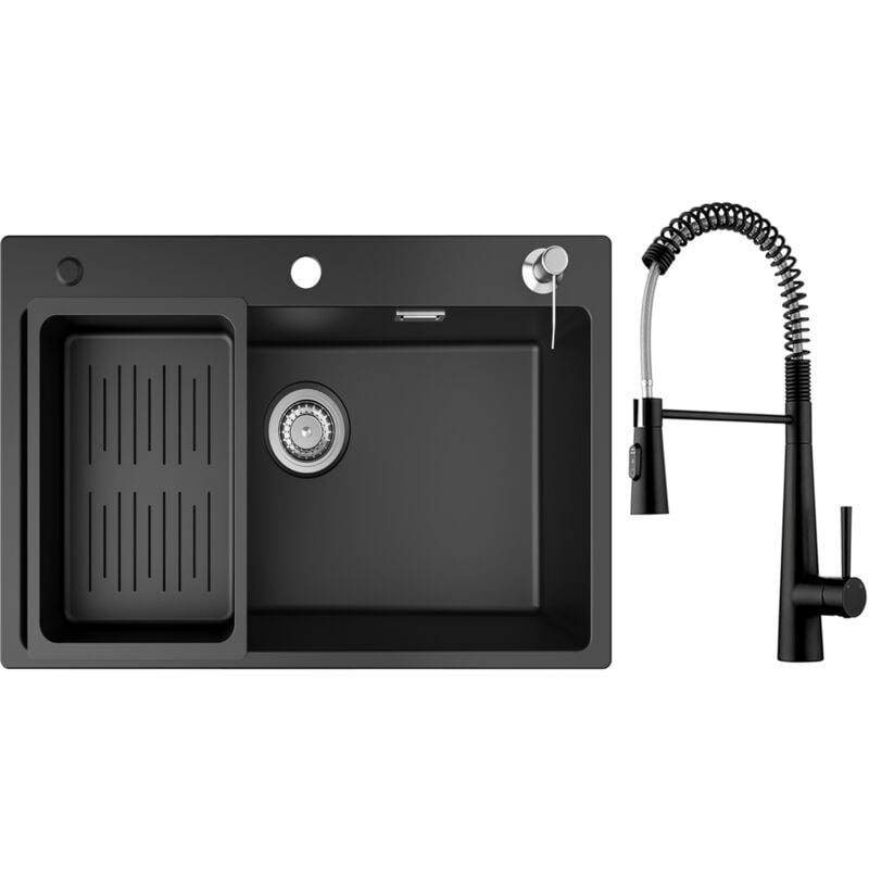 foto del prodotto lavello cucina 1 vasca in quarzo e resina 70x45cm con piletta e dosatore sapone miscelatore da cucina a molla con 3 tipi di spruzzo, nero