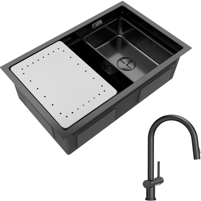 foto del prodotto lavello cucina 1 vasca nera con gocciolatoio e vasca lavello incasso 70 44 21cm miscelatore cucina nero con doccetta estraibile cecipa