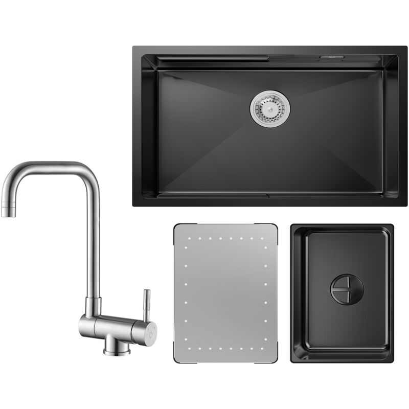 foto del prodotto lavello cucina 1 vasca nera con gocciolatoio e vaschetta lavello incasso 70 44 21cm rubinetto cucina ribaltabile miscelatore abbattibile fronte