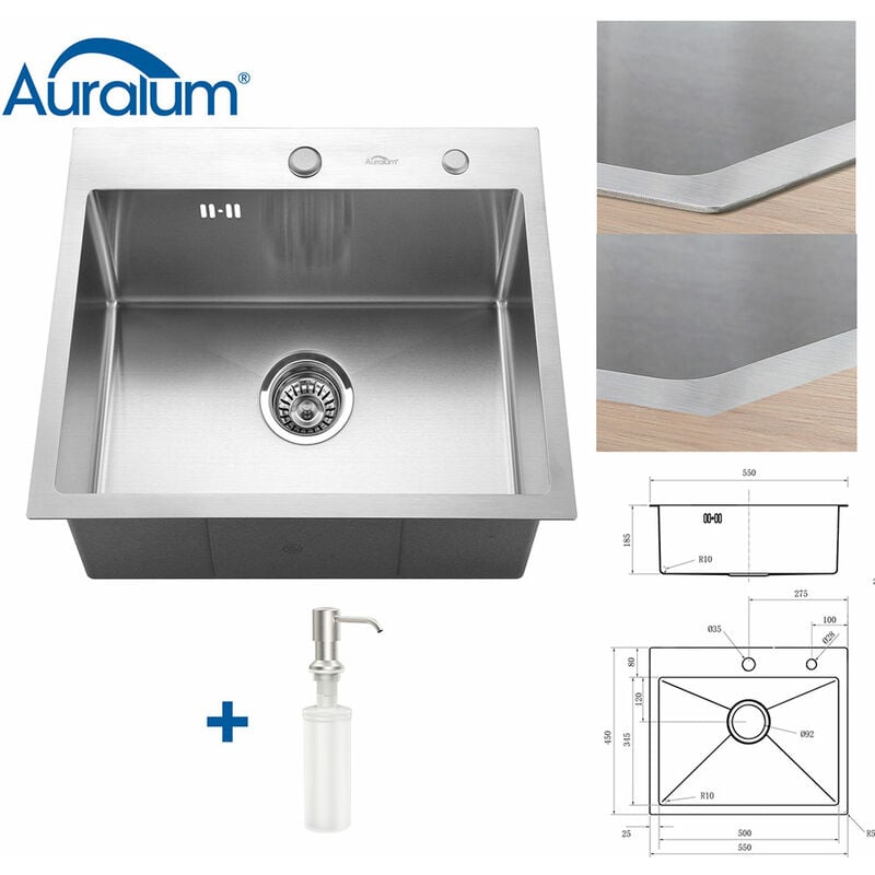foto del prodotto lavello cucina 55x45cm in acciaio inox spazzolato, lavandino cucina incasso vasca singola con dispenser di sapone e sifone, da appoggio o filotop
