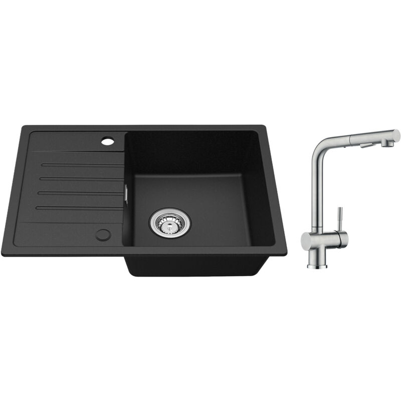 foto del prodotto lavello cucina con gocciolatoio nero 65 x 45 cm lavello da incasso due sensi di installazione rubinetto cucina con doccetta miscelatore lavello